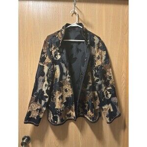 Coldwater Creek Floral Leaf Reversible Jacket Black Brown Gold Size PXL